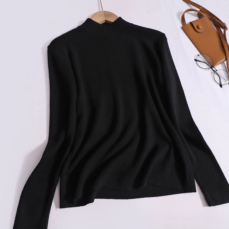 New Korean Version  Versatile Knitted Half-High Neck Solid Color Long Sleeve Inner Top