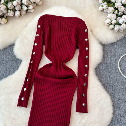 Women's Knitted Round Neck Long Sleeve Slim Hip Bodycon Dress For Winter