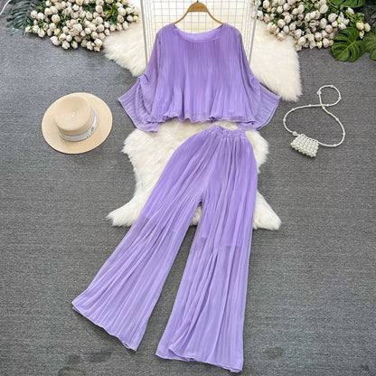 Women's autumn style, dolman-sleeve top, high-waisted Chiffon Jumpsuits