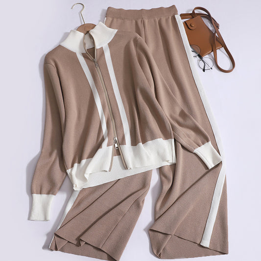 Foreign-Style Double-Ended Zipper Contrast Stand-Up Collar Cardigan Top & High-Waisted Wide-Leg Trousers Knitted Two-Piece Set