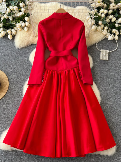 Glamorous Long Suit Dress with Tie Waist Stylish Long Sleeve Lapel Stitching Skirt