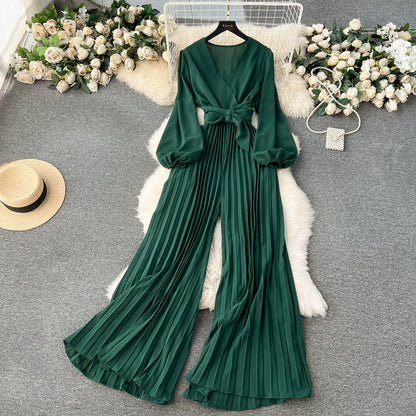 European And American Spring V-Neck Puff Sleeve Tie Waist Long Pressed Pleated Wide-Leg Pants Jumpsuit