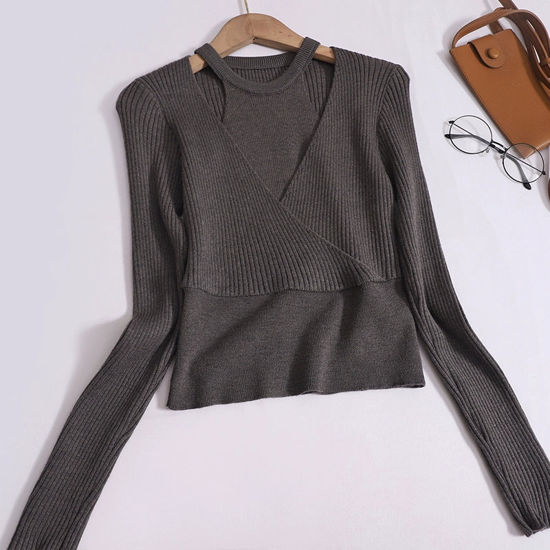 Elegant Cut-Out Halter Neck Long-Sleeved knitted Slim Cross Crop Top