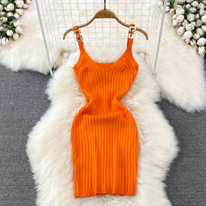 Elegant Chain Vest Slip Knitted Slim Short Bodycon Dress