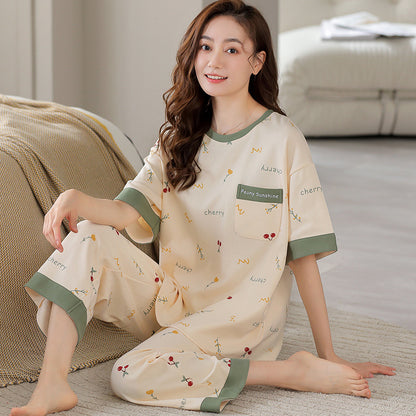 Ladies Summer Cotton Short-Sleeved Cropped Pants Casual Half-Sleeved Sleepwear Set