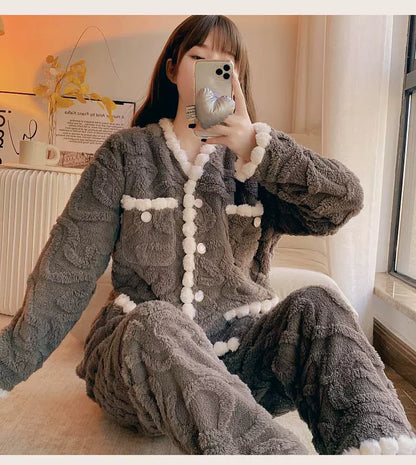 Luxury Winter Coral Thickened Velvet Pajama Loungewear Set For Women