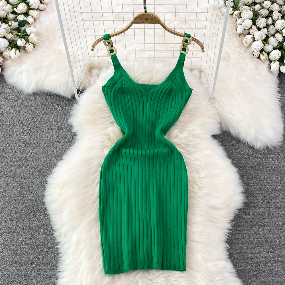 Elegant Chain Vest Slip Knitted Slim Short Bodycon Dress