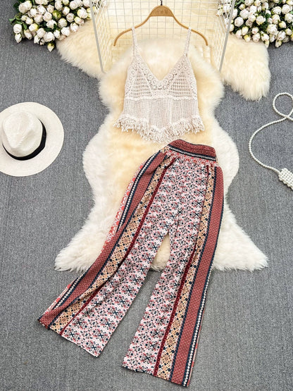 Modern Maven Tassel Camisole and Wide-Leg Pant Combo For Vacation