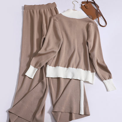 Foreign-Style Double-Ended Zipper Contrast Stand-Up Collar Cardigan Top & High-Waisted Wide-Leg Trousers Knitted Two-Piece Set