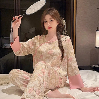 Chinese Floral Ice Silk Pajamas Long Sleeved Silk Suits