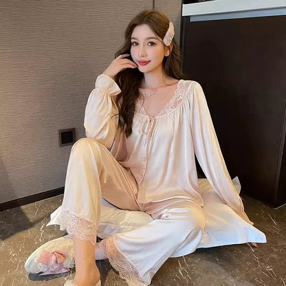 Cozy Comfortable Ice Silk Loungewear with Long Sleeves and Pants