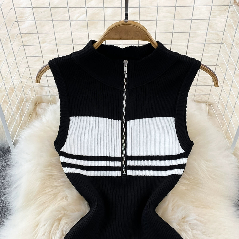 Summer High-End Polo Collar Striped knitted Vest Slim Hip Bodycon Dress