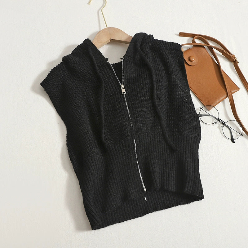 Korean version Zipper Hooded Sleeveless Vest knitwear Short Small Cardigan Top For Autumn And Winter