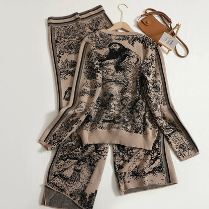 Women's Ink Painting Jacquard Loose Round Neck Long Sleeve Knitted Top With High Waist Straight Leg Wide Leg Pants