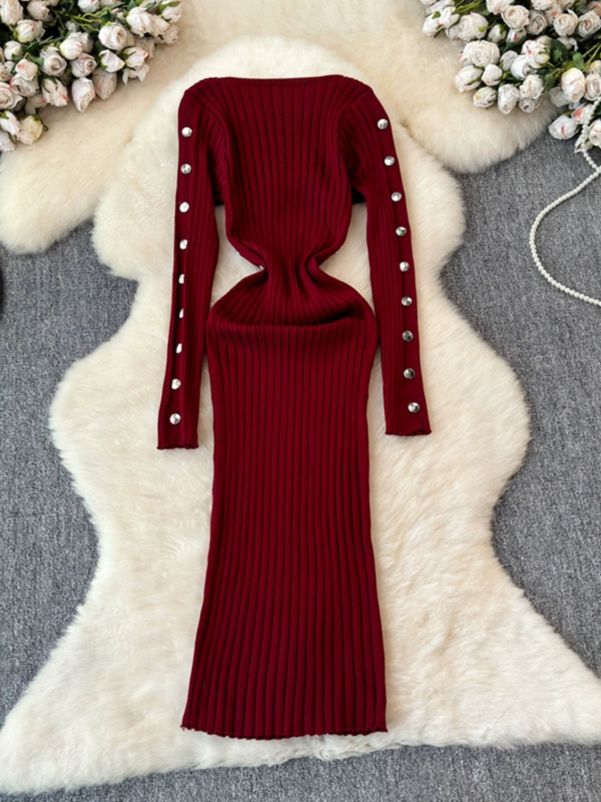 Women's Knitted Round Neck Long Sleeve Slim Hip Bodycon Dress For Winter