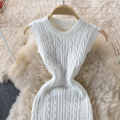 Sophisticated Spring  Sleeveless Knitted Vest Round Neck Dress