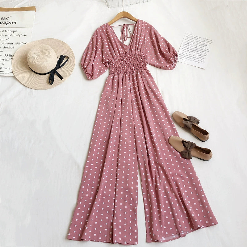 Summer V-neck polka-dot high-waist lace-up bubble short-sleeved jumpsuit