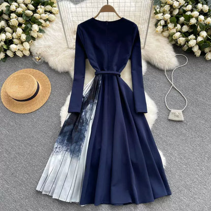 V-neck light luxury European Hepburn style print pressed over the knee Dress
