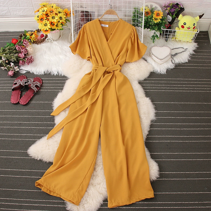 Korean version V-neck, tie waist to look slim, simple solid color, jumpsuit