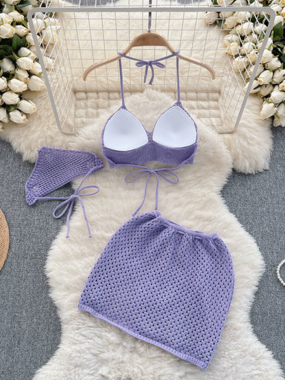 Women's Summer Flowers Design Seaside Resort-Style knitted Strappy Three-Piece Bikini Set