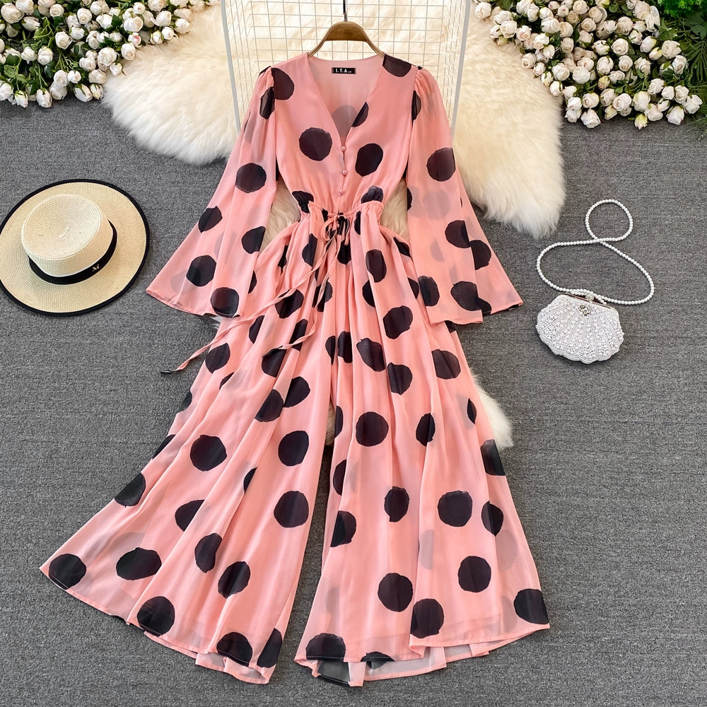 Polka dot print V-neck seaside vacation beach vibe Summer jumpsuit