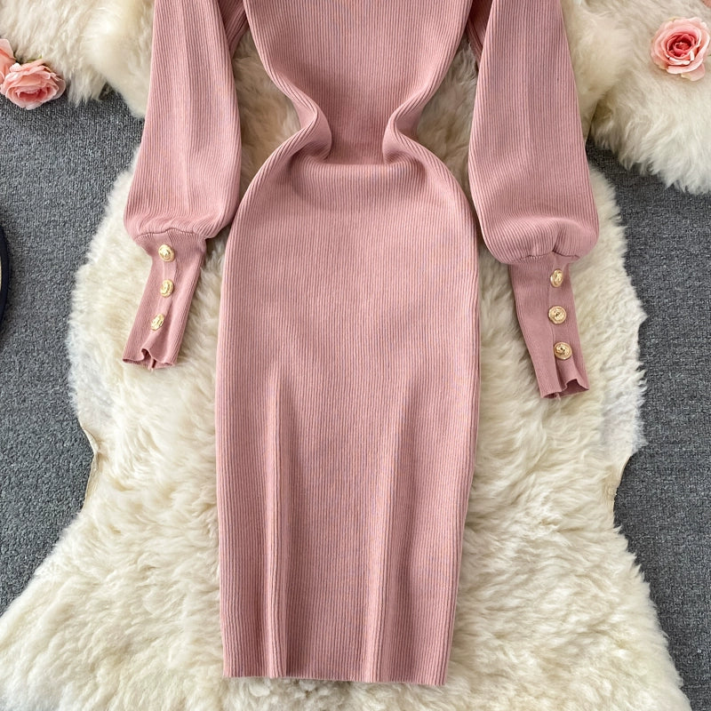 Sophisticated Winter Stretch Knitted Fit Bodycon Dress With Long Puff Sleeves