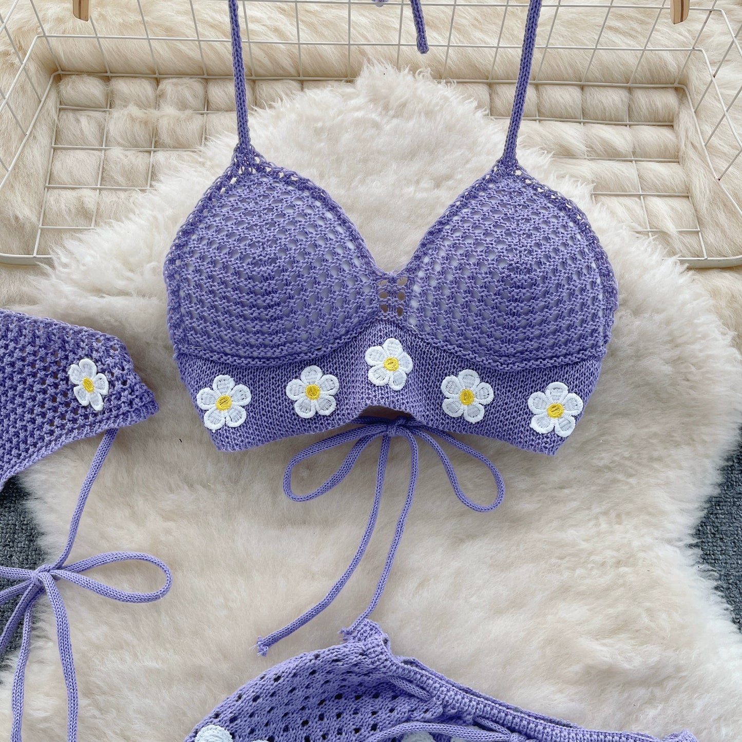 Women's Summer Flowers Design Seaside Resort-Style knitted Strappy Three-Piece Bikini Set