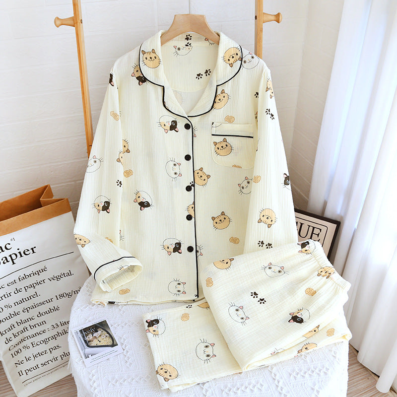 Cotton Yarn Loungewear Pajamas with Cartoon Print And Lapel Collar