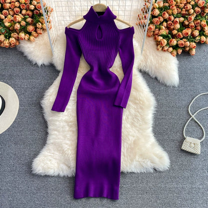 women's Winter Stand-up collar knitted stretch Bodycon dress With Long-Sleeved Strapless Design