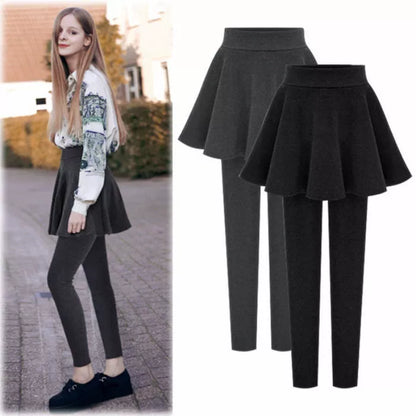 Winter Warmth Cotton and Fleece Leggings with Pleated Skirt Design