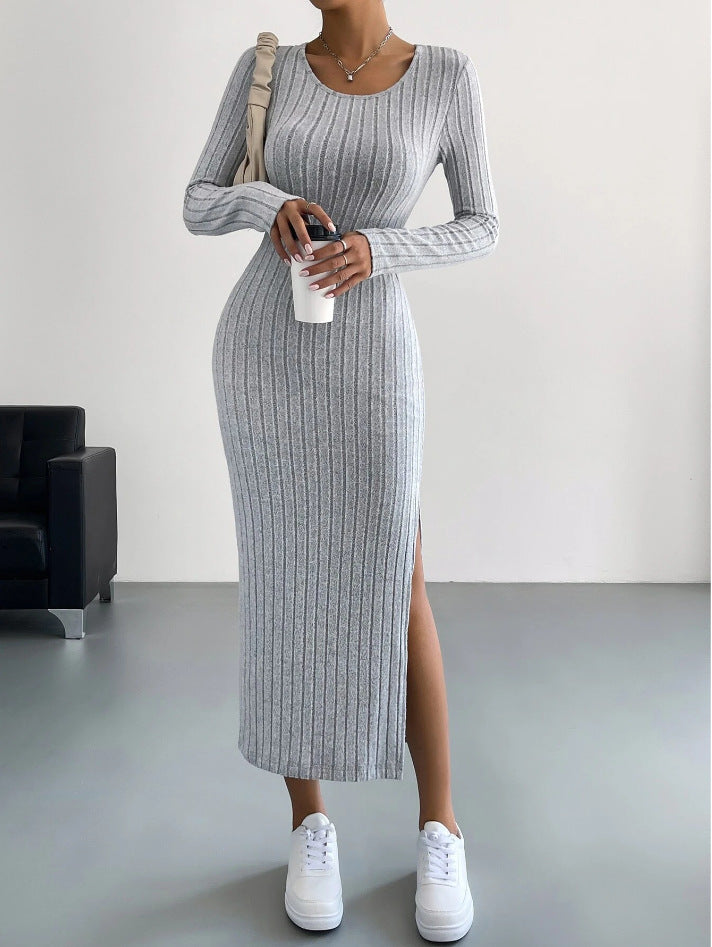 Women's Long Sleeve Round Neck Split Knit Bodycon Dress