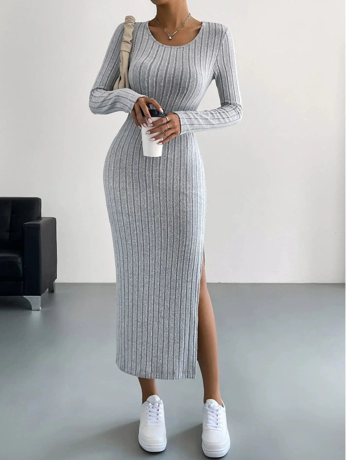 Women's Long Sleeve Round Neck Split Knit Bodycon Dress