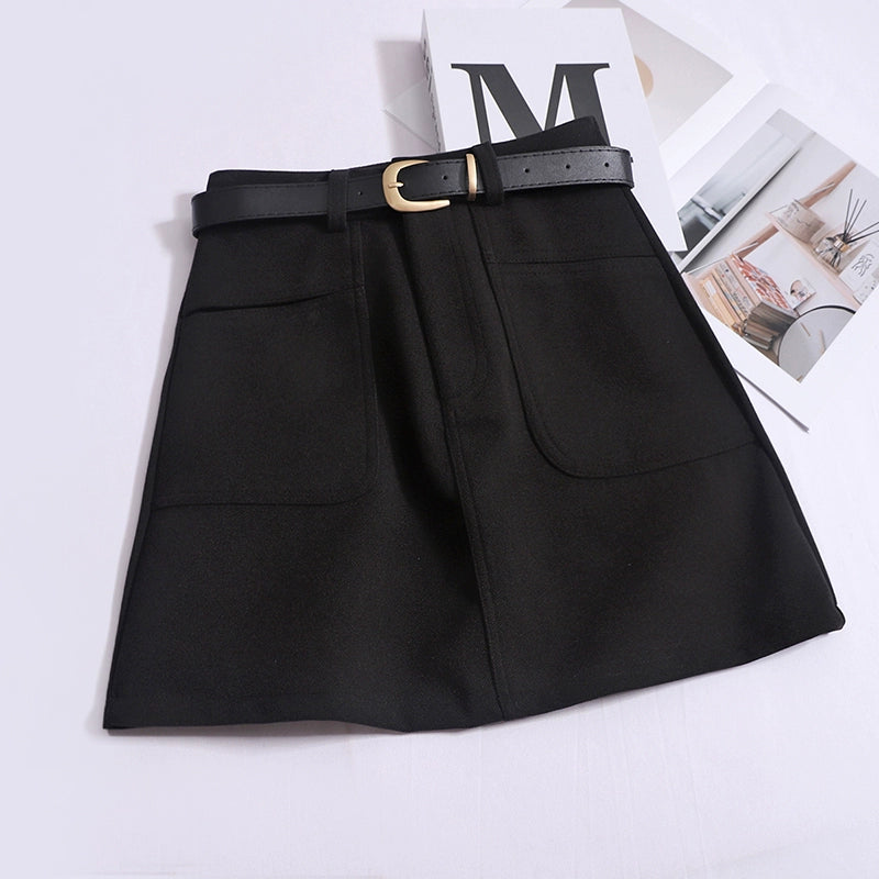 Women's Autumn And Winter New High-Waisted Slim Hip Skirt A-Line Pocket Woolen Cargo Short Skirt