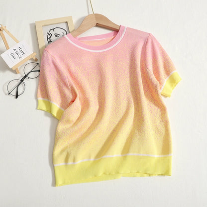 Versatile Colorful Gradient knitwear Round Neck Short Sleeve Summer Casual T-shirt Top For Summer