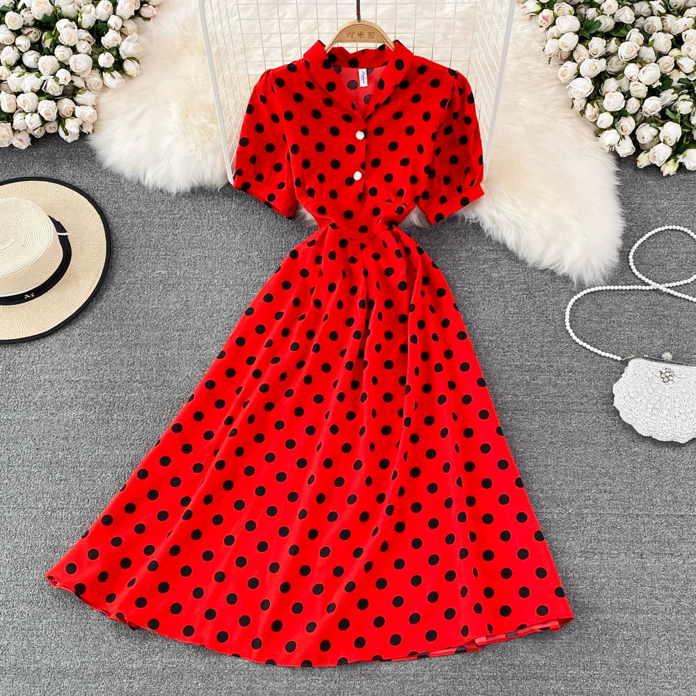 French Flair Retro Dress with V-Neck and Puff Sleeves Polka Dot Design