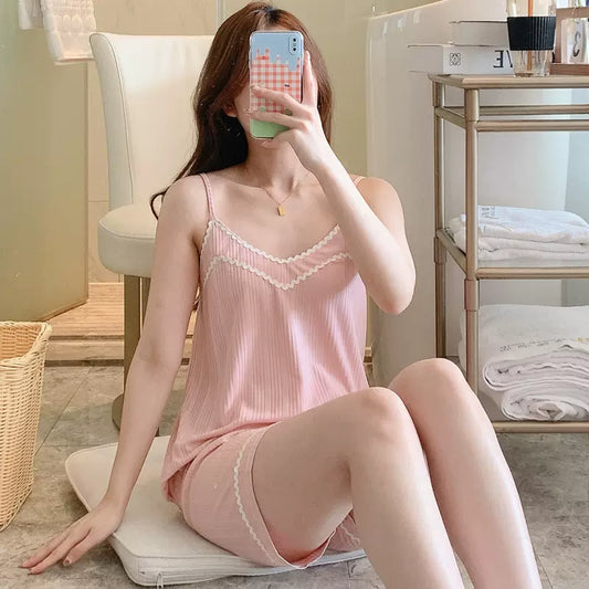 Summer thin suspender shorts pajamas V-neck loungewear set