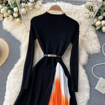 French Hepburn Style Elegant Knit Stitching Gradient Color Pleated Slim Waist Big Swing Dress