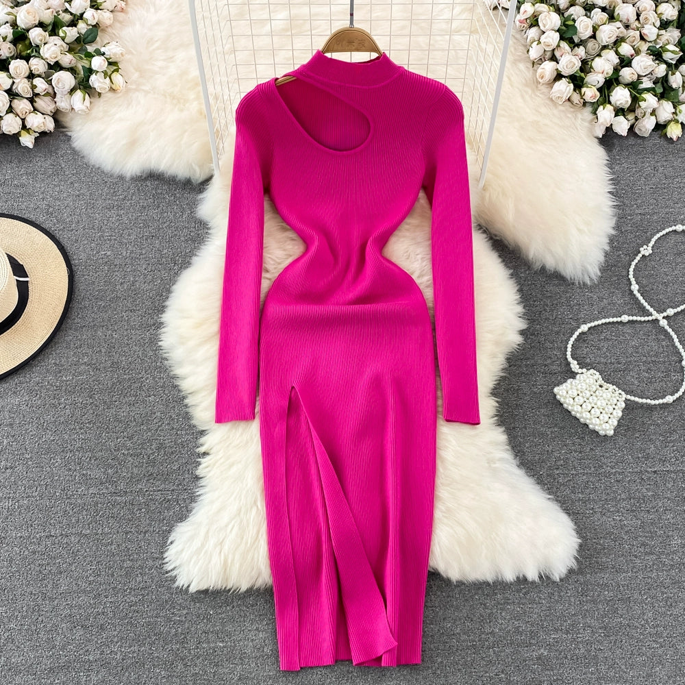 Women's Winter Slim Fit Knitted Bodycon Dress With Long-Sleeved Stand-Collar