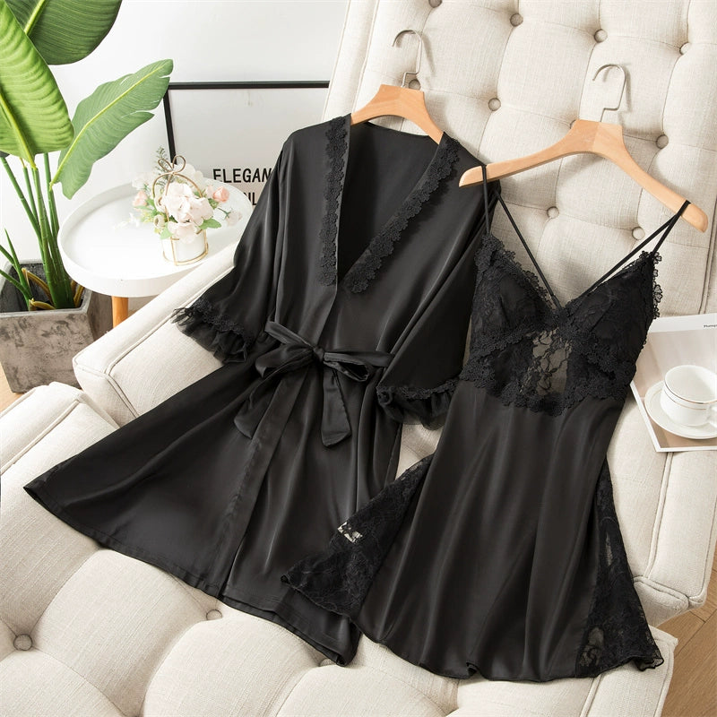 Summer Ice Silk Suspender Womens Nightgown Two-Piece Set