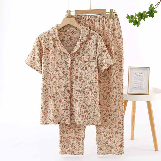 Elegant Retro Floral Lapels Print Sleepwear Set for Middle-Aged Women