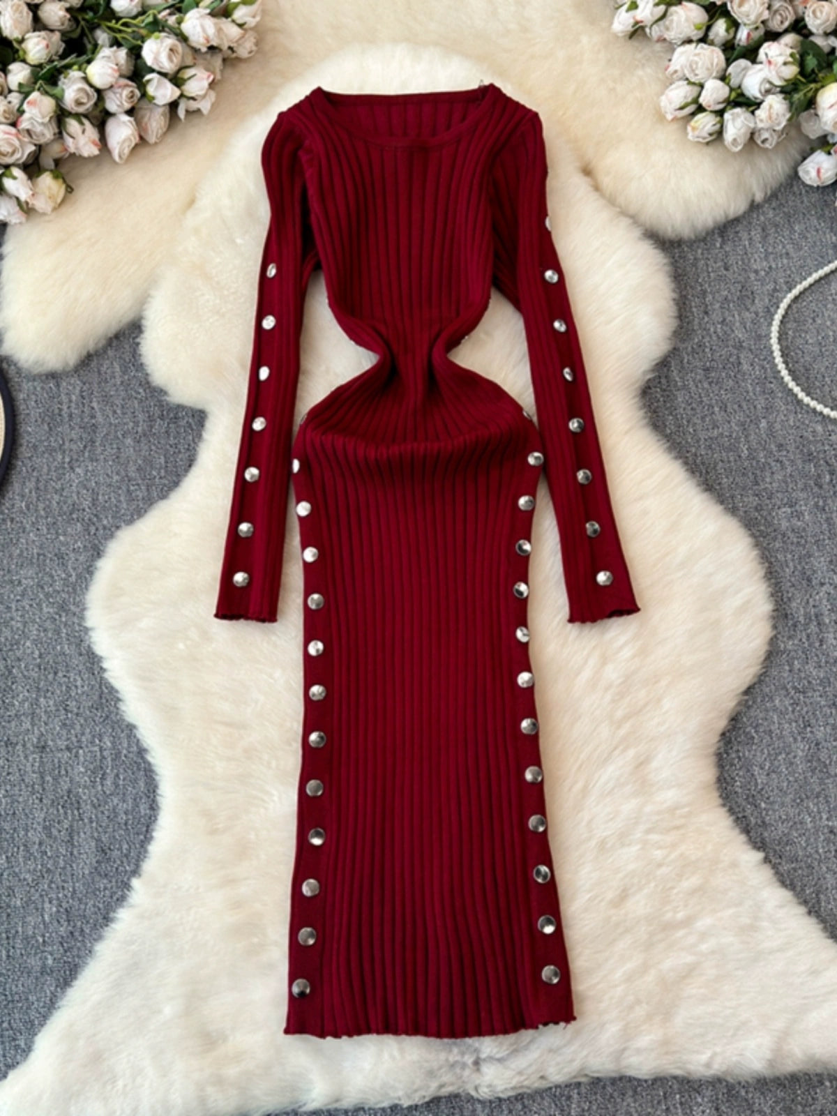 Women's Knitted Round Neck Long Sleeve Slim Hip Bodycon Dress For Winter