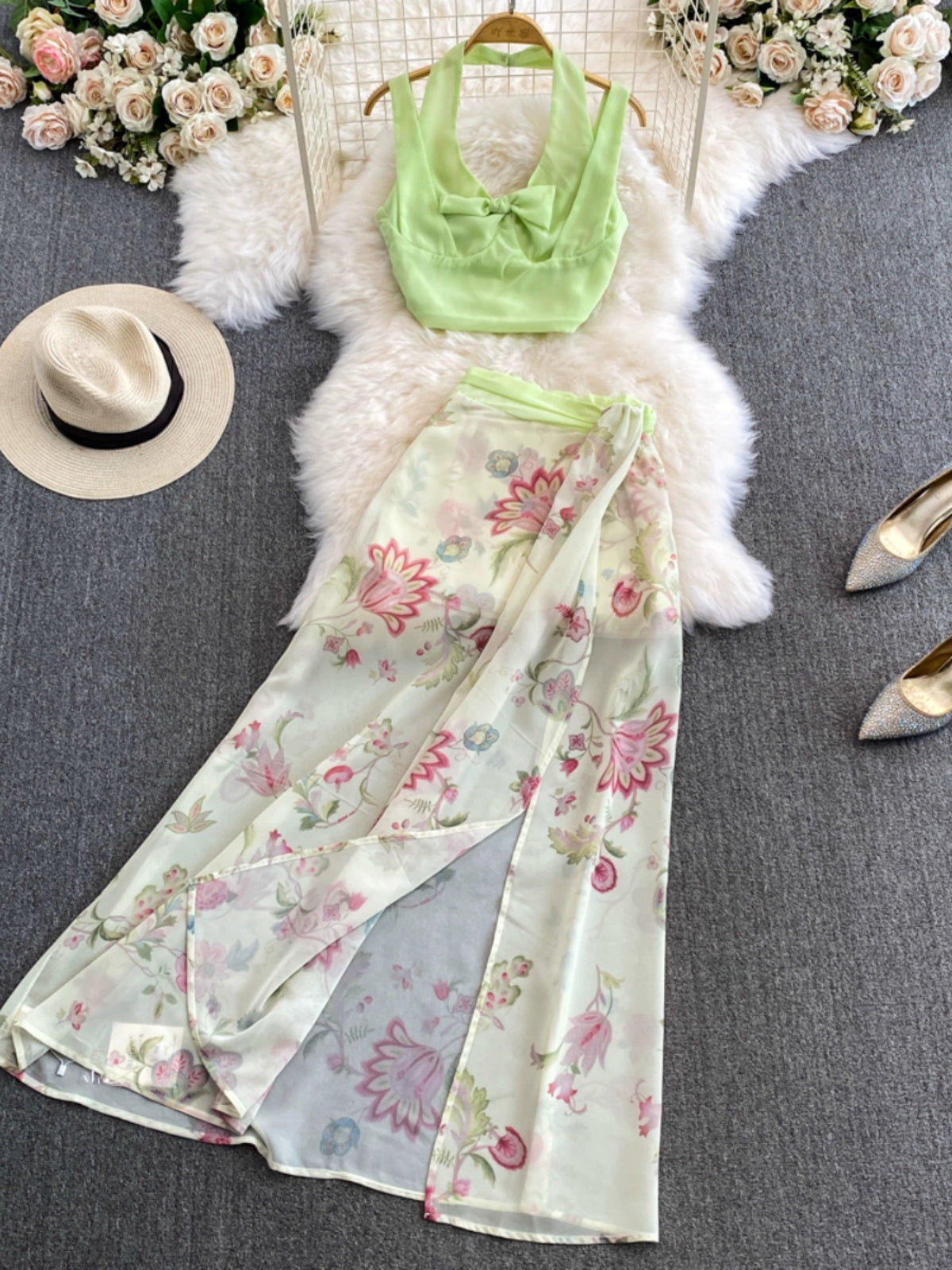 Summer Refinement Chic Floral Vest and Skirt Combo