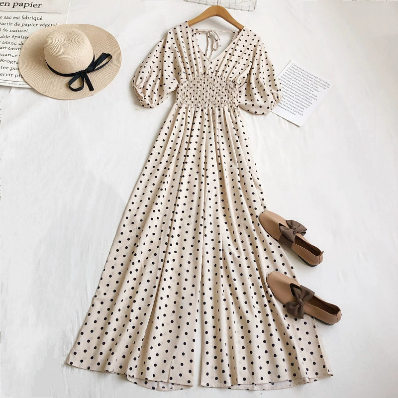 Summer V-neck polka-dot high-waist lace-up bubble short-sleeved jumpsuit