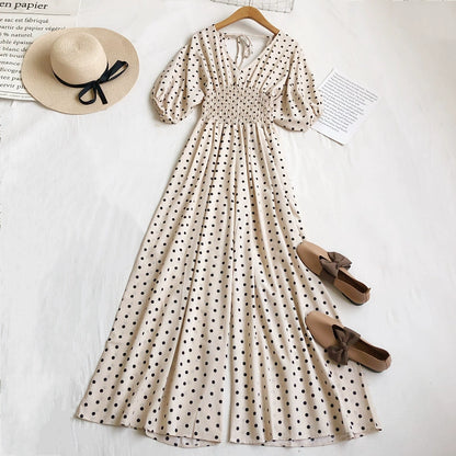 Summer V-neck polka-dot high-waist lace-up bubble short-sleeved jumpsuit