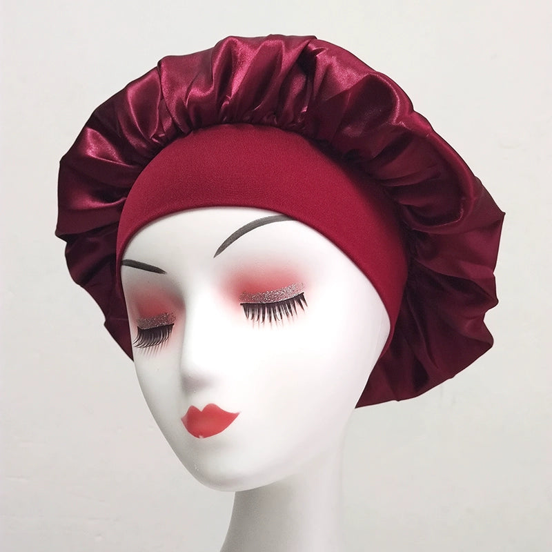 Women's Solid color Wide-Brimmed Elastic Satin Nightcap Sleeping Hair Cap