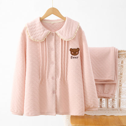 Sweet Comfort Cute Thickened Air Cotton Warm Linch Solid Color Long Sleeve Loungewear for Winter