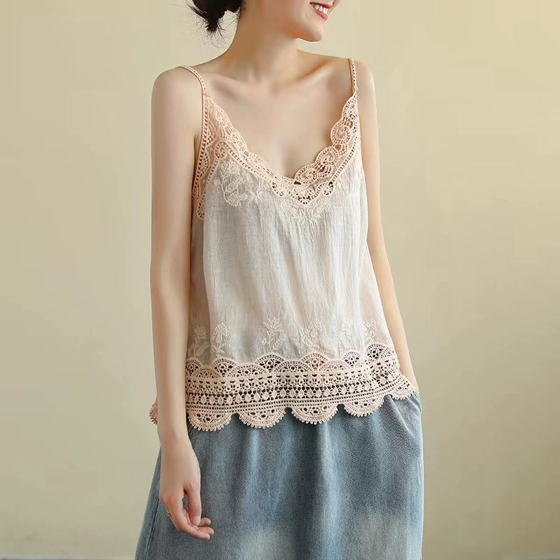 Cutout Lace Cotton Linen Camisole Women's Summer Undershirt Lace Top