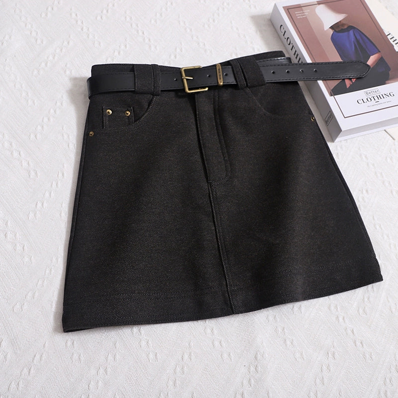 New Korean Version Retro Casual Thin And Versatile Anti-Walking Skirt Hip Skirt Belt A-line Skirt