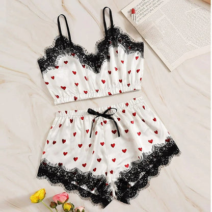 V-neck Printed bra suspender pajama sleepwear set