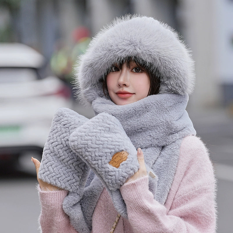 Winter Thickened And Warm Fleece Hat Style Scarf Gloves 3 In One Cold-Proof Plush Hat